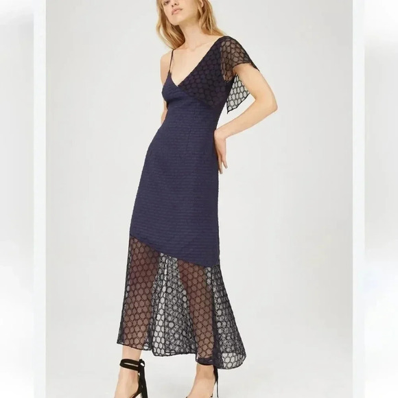 Club Monaco, New, Izanda Navy Blue Silk Lace Eyelet Ruffle Midi Dress, Size 4 - Picture 1 of 11